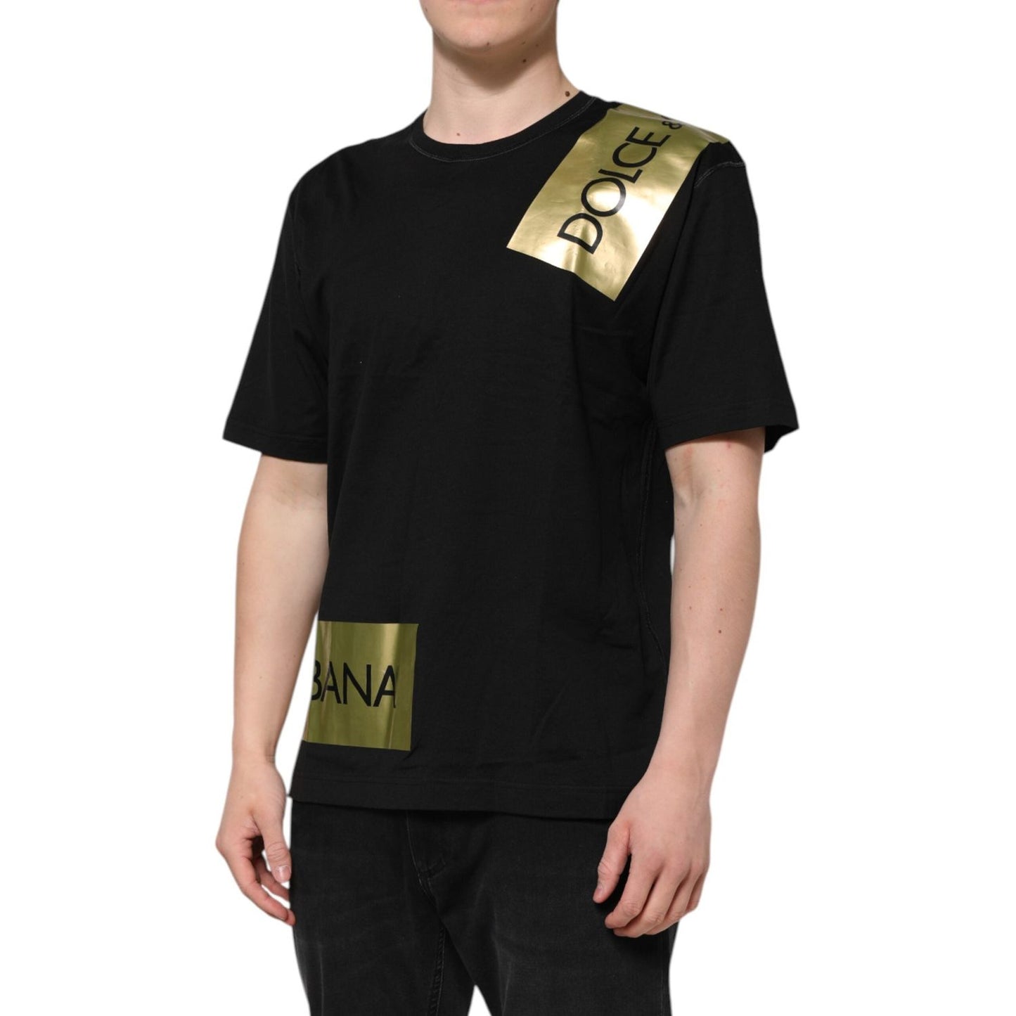 Dolce & Gabbana Black Logo Tape Cotton Men Crew Neck T-shirt TSH90491-44