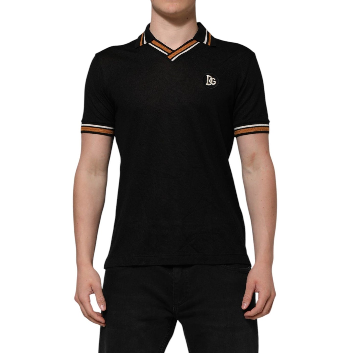 Dolce & Gabbana Black DG Silk Vneck Collared Men Polo T-shirt TSH90353-46