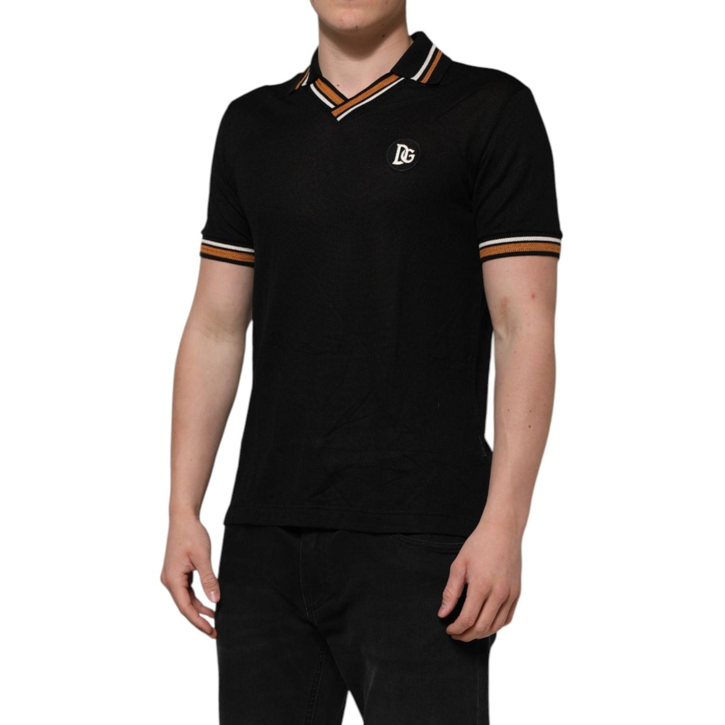 Dolce & Gabbana Black DG Silk Vneck Collared Men Polo T-shirt TSH90353-46