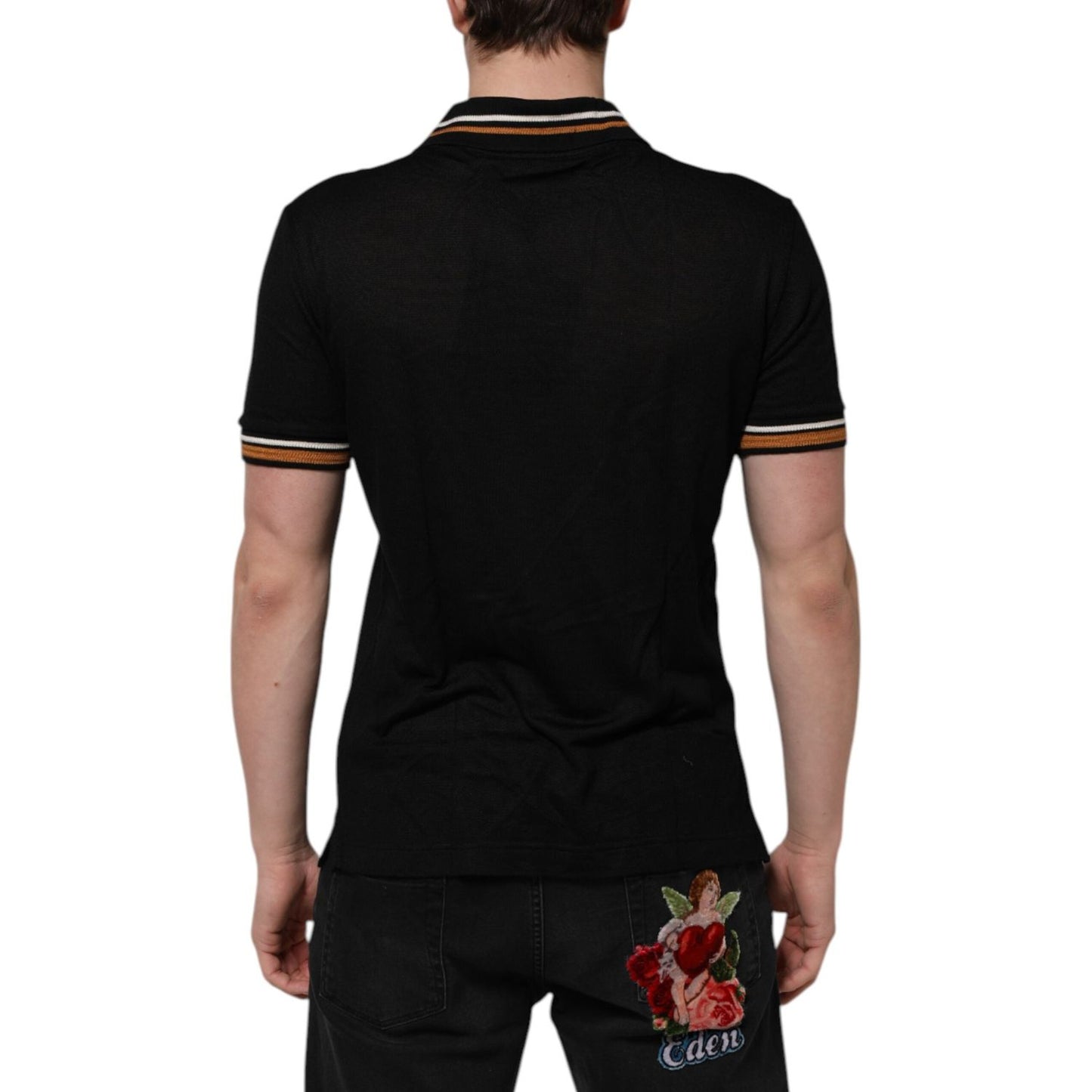 Dolce & Gabbana Black DG Silk Vneck Collared Men Polo T-shirt TSH90353-46