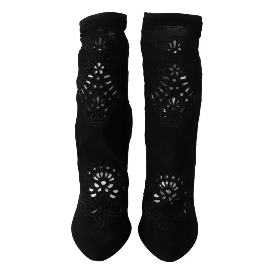 Dolce & Gabbana Black Stretch Pumps Boots Floral Lace Shoes LA8945-39
