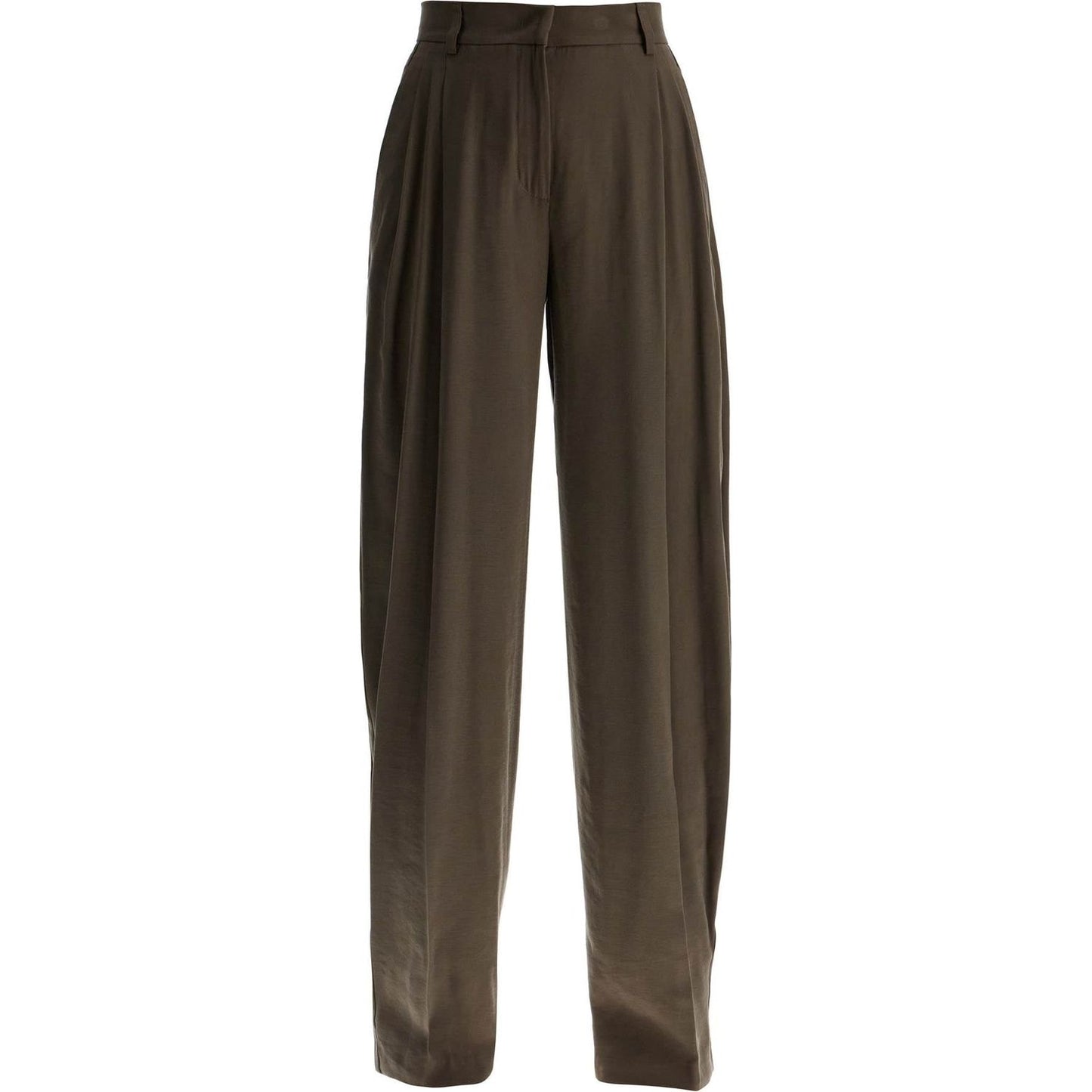 THE ANDAMANE khaki wide leg viscose trousers with front pleats