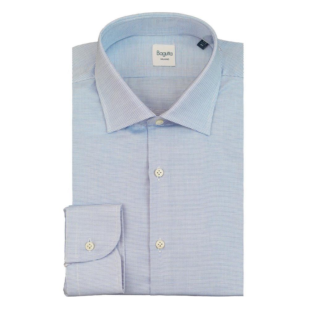 Bagutta blue cotton men's shirt with French collar, slim fit, long sleeves, and mother-of-pearl buttons for refined elegance.