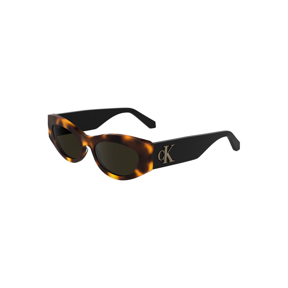 Calvin Klein Cat Eye Sunglasses in brown acetate with logo, featuring sleek brown lenses and a bold fashion-forward design.
