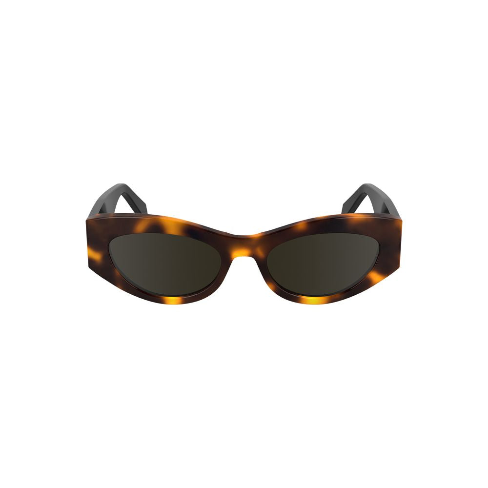 Calvin Klein brown cat eye sunglasses in premium bio-acetate with sleek lenses and iconic logo, 52mm width for style and comfort.