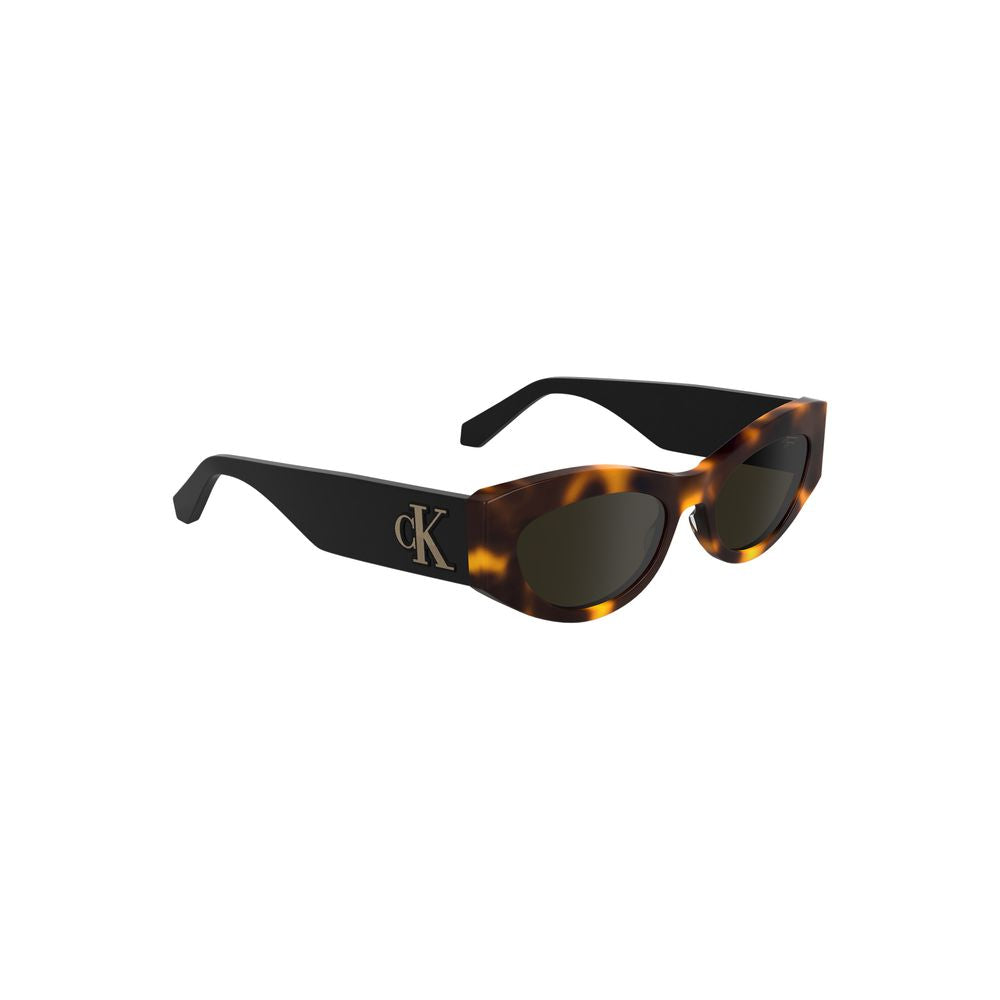 Calvin Klein Cat Eye Sunglasses in brown acetate with logo, 52mm lens width, elegant fashion statement.