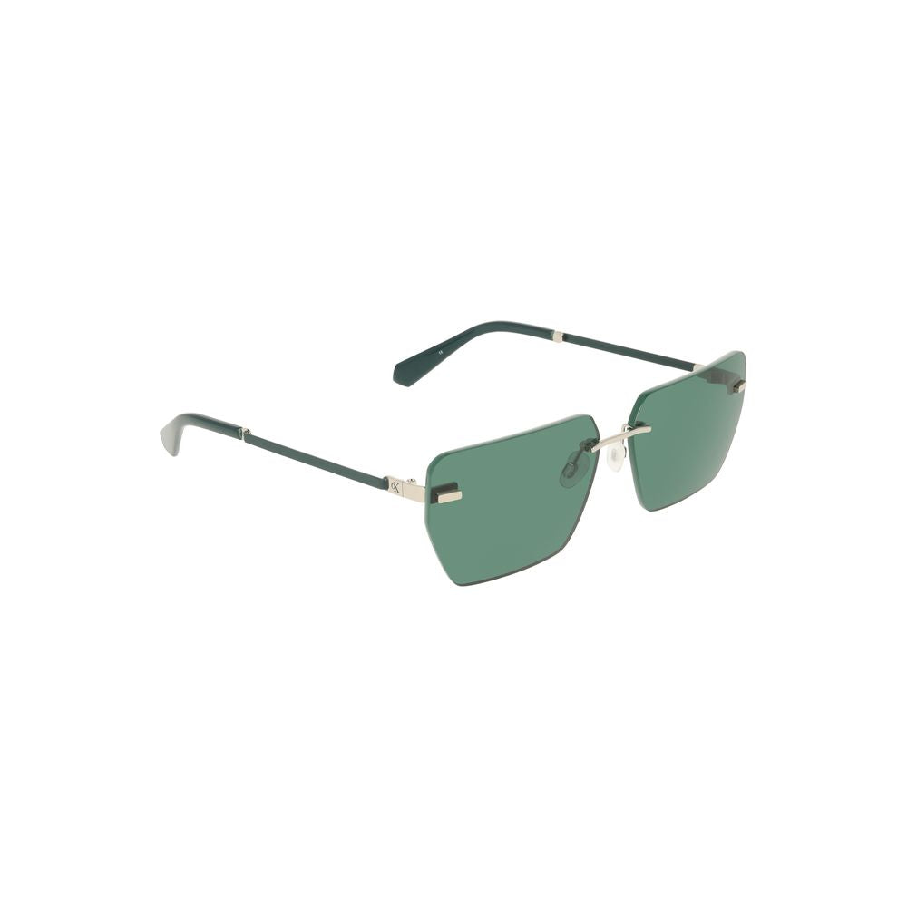 Calvin Klein green metal men's sunglasses with square lenses, sleek design and signature logo, lens width 62mm, bridge 15mm, temples 145mm.