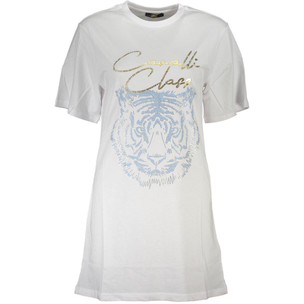 Cavalli Class white cotton women’s top, short sleeve, featuring a tiger print and logo, crafted in Turkey for chic sophistication.