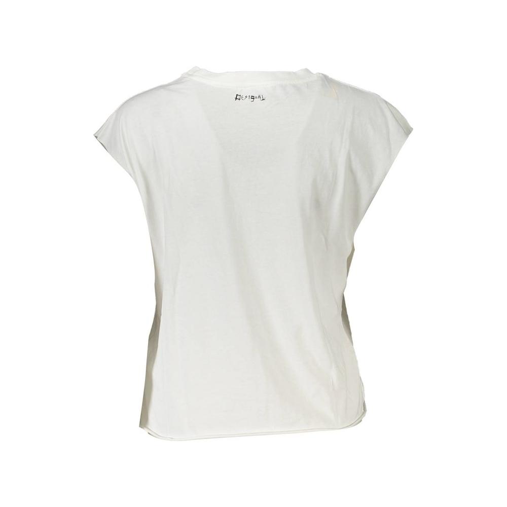 Back view of Desigual White Cotton Women's T-Shirt with sleeveless style, featuring a subtle back logo and soft, breathable fabric.