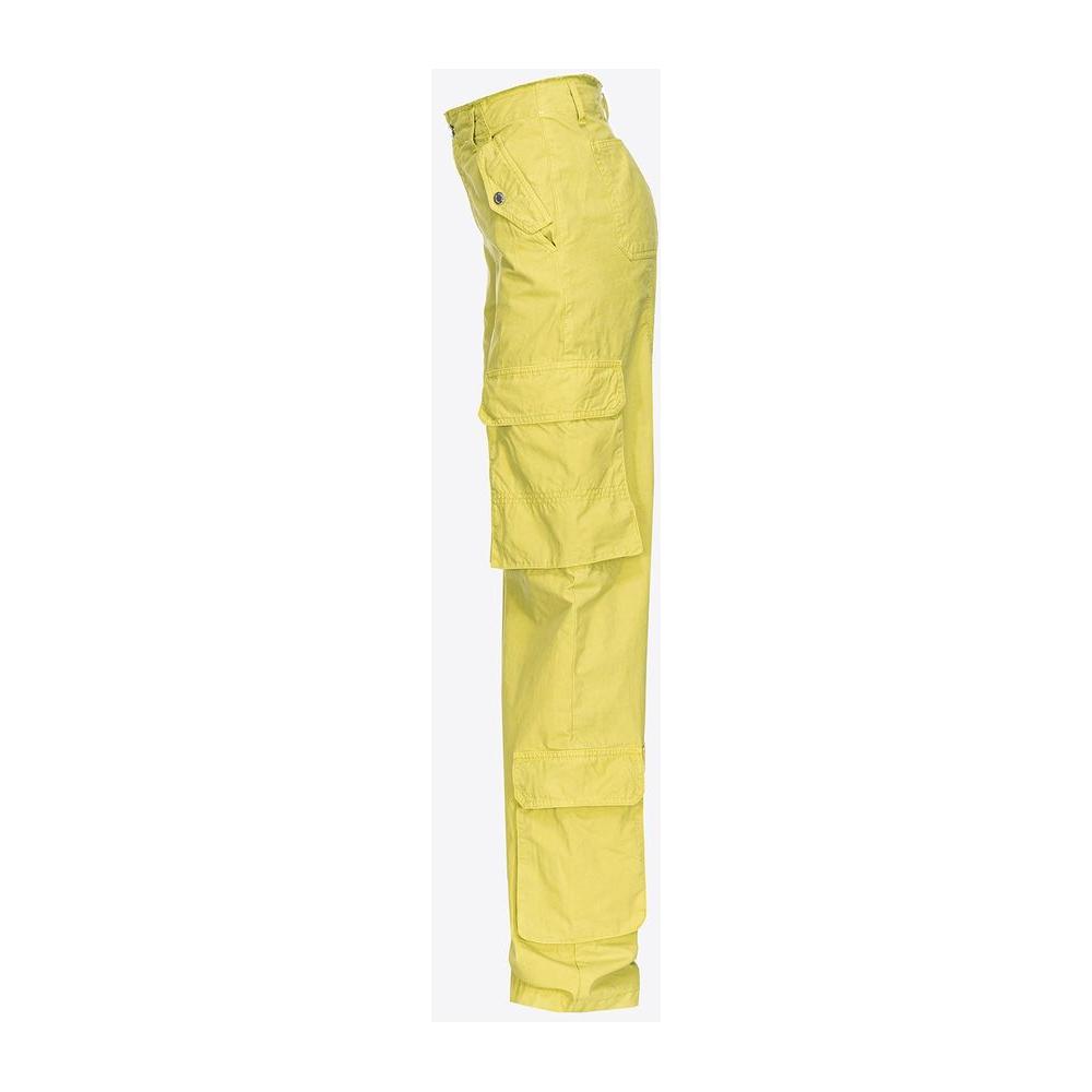 PINKO green cotton cargo pants with 5-pocket design, side view. Features three front pockets, two back pockets with button and zipper closure.