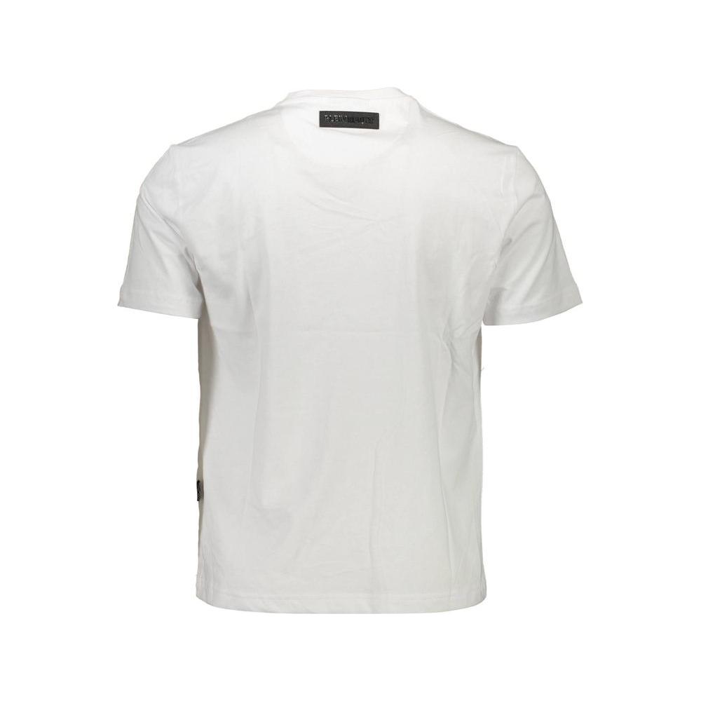 Back view of Plein Sport white cotton men’s t-shirt with crew neck and short sleeves, highlighting the plain design and premium material.