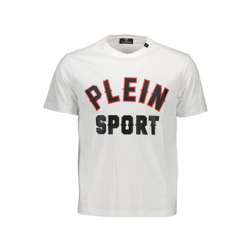 Plein Sport white cotton men's t-shirt with bold logo and contrasting details, short-sleeve, crew neck, statement sporty style.