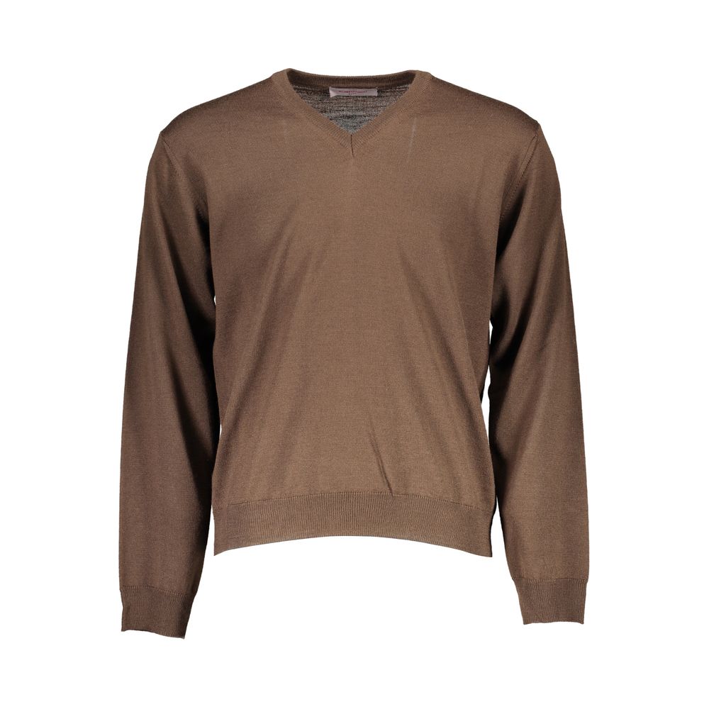 Romeo Gigli brown wool men sweater with V-neck and long sleeves, crafted in Italy, stylish and versatile for various occasions.