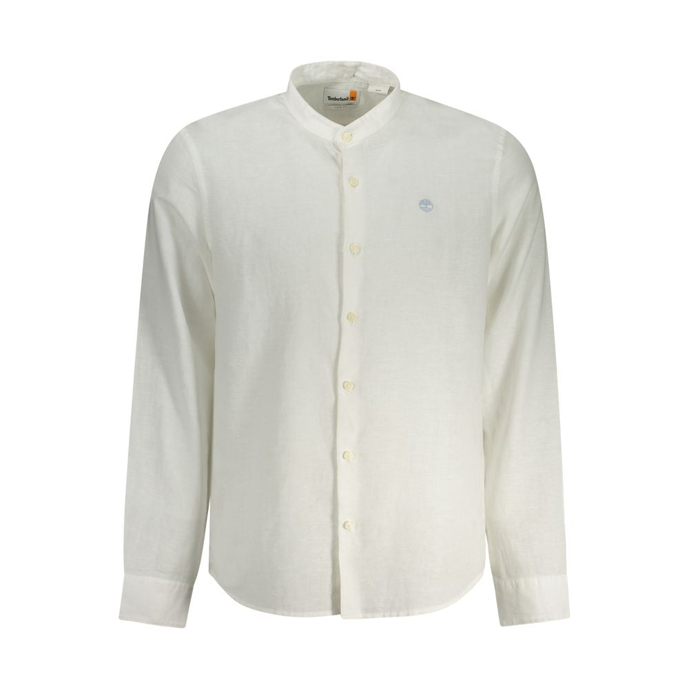 Timberland white cotton slim fit shirt with long sleeves, mandarin collar, buttons, and embroidered logo.