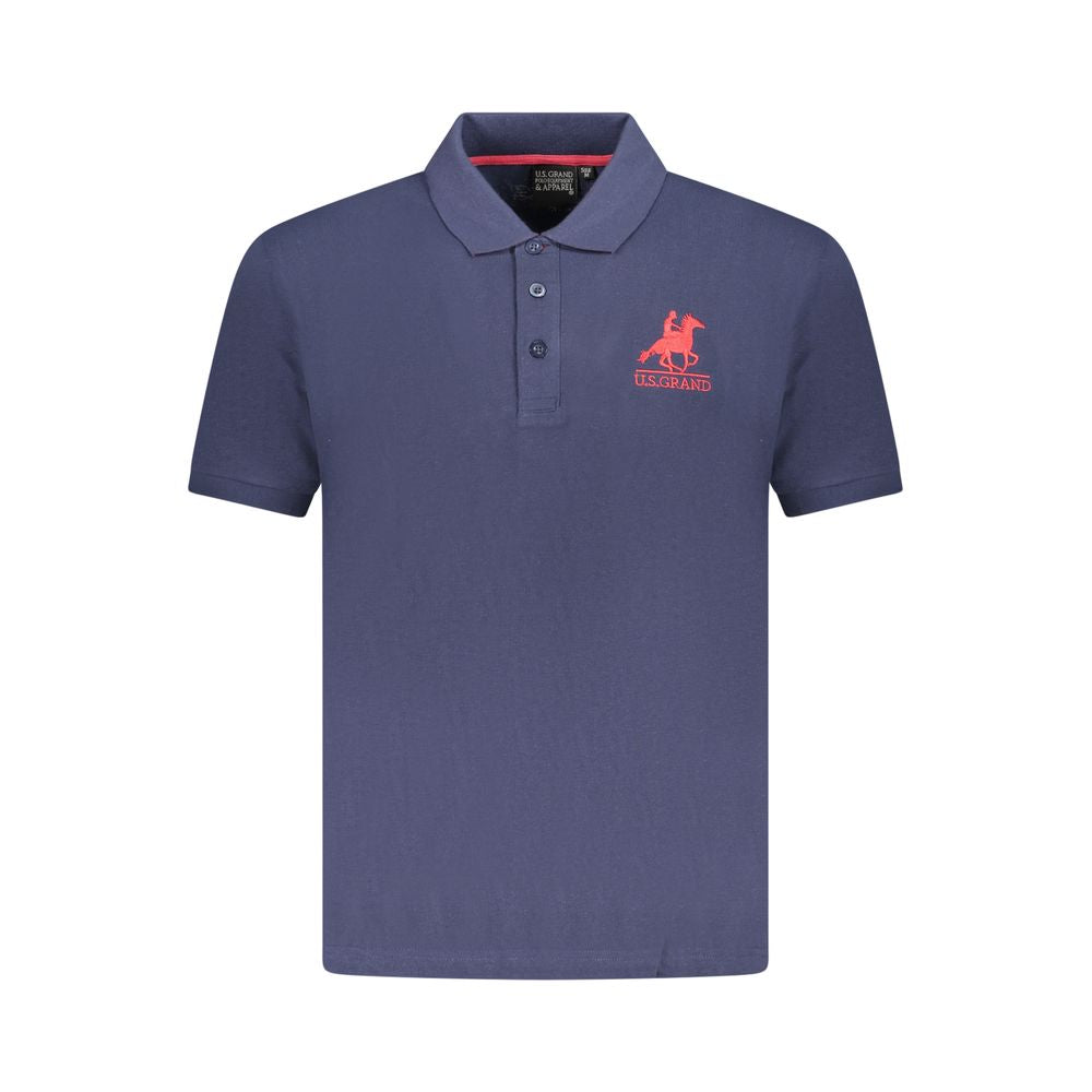U.S. Grand Polo blue cotton men's polo shirt with logo embroidery, short sleeves, and 3-button placket. Classic style.