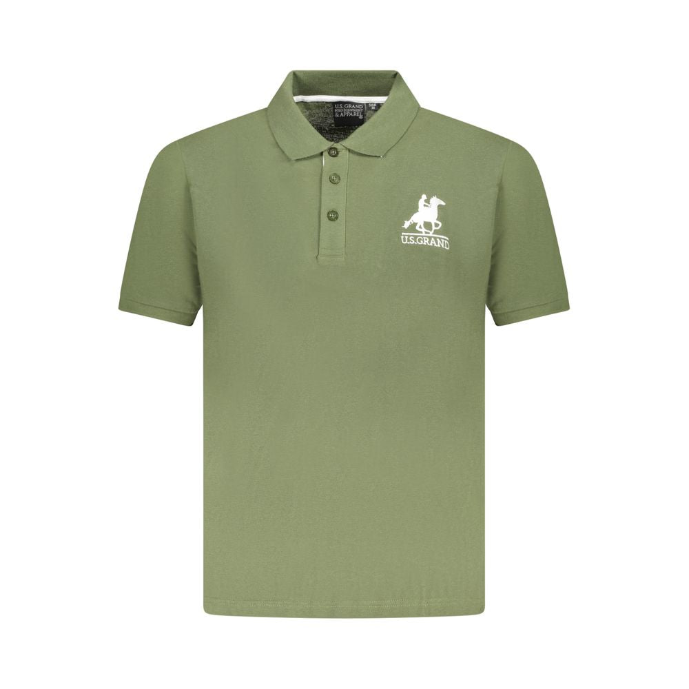 U.S. Grand Polo green cotton men's polo shirt with logo, featuring short sleeves and a three-button placket for a stylish, modern look.