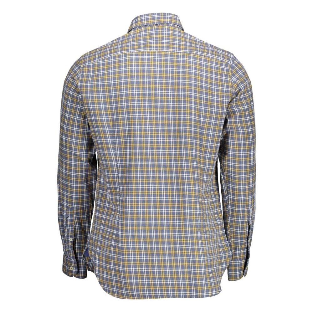 Back view of U.S. POLO ASSN. blue checkered cotton shirt for men, featuring long sleeves and a button-down collar.