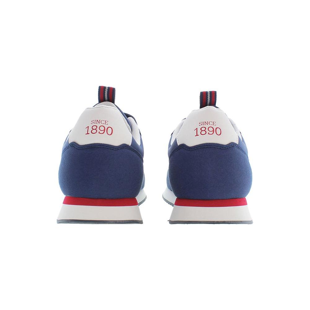 Rear view of U.S. POLO ASSN. blue polyester sneakers with red accents and 'Since 1890' text, showcasing sporty lace-up design.