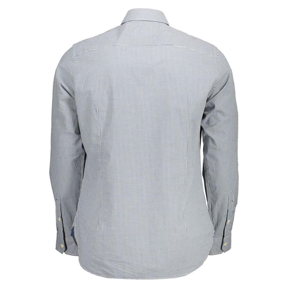 Back view of U.S. POLO ASSN. light blue checkered men's cotton shirt with French collar and button cuffs