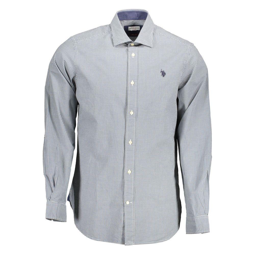 U.S. POLO ASSN. light blue checkered cotton men's shirt with French collar and embroidered logo.