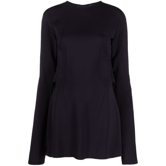 032C Kicked Back black structured short dress with cut-out detailing, round neck, long sleeves, and straight hem.