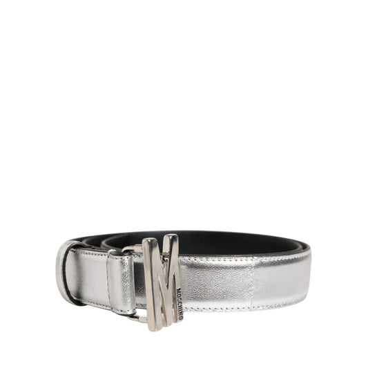 Moschino Couture Silver Leather Logo Metal Buckle Waist Belt