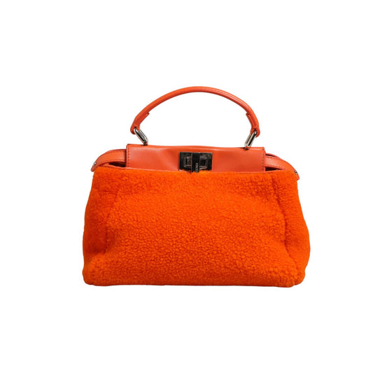Fendi Orange Leather and Shearling Mini Peekaboo Top Handle Bag