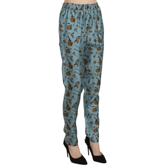 Dolce & Gabbana High Waist Tapered Silk Pants in Blue Print Dolce & Gabbana Dim Gray