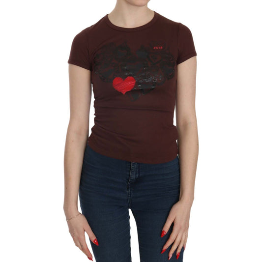 Exte Brown Hearts Short Sleeve Casual T-shirt Top 1728,67345645728,Brown,Clothing,Exte,IT38|XS,IT40|S,IT42|M,Material: 65% Polyester 35% Cotton,New with tags,T-Shirts - Clothing,T-Shirts - T-Shirts - Clothing,Tops & T-Shirts - Women - Clothing,Women,Women