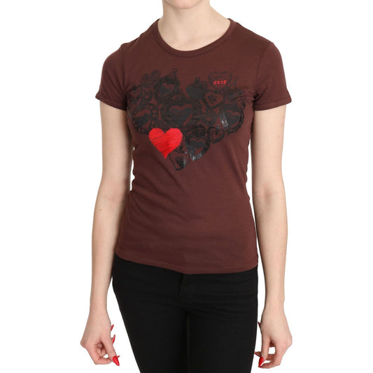 Exte Brown Hearts Printed Round Neck T-shirt Top 1728,67345645728,Brown,Clothing,Exte,IT42|M,Material: 65% Polyester 35% Cotton,New with tags,T-Shirts - Clothing,T-Shirts - T-Shirts - Clothing,Tops & T-Shirts - Women - Clothing,Women,Women - Clothing