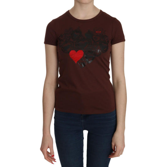 Exte Brown Heart Print Crew Neck T-shirt Short Sleeve Blouse 1728,67345645728,Brown,Clothing,Exte,IT42|M,Material: 65% Polyester 35% Cotton,New with tags,T-Shirts - Clothing,T-Shirts - T-Shirts - Clothing,Tops & T-Shirts - Women - Clothing,Women,Women - C