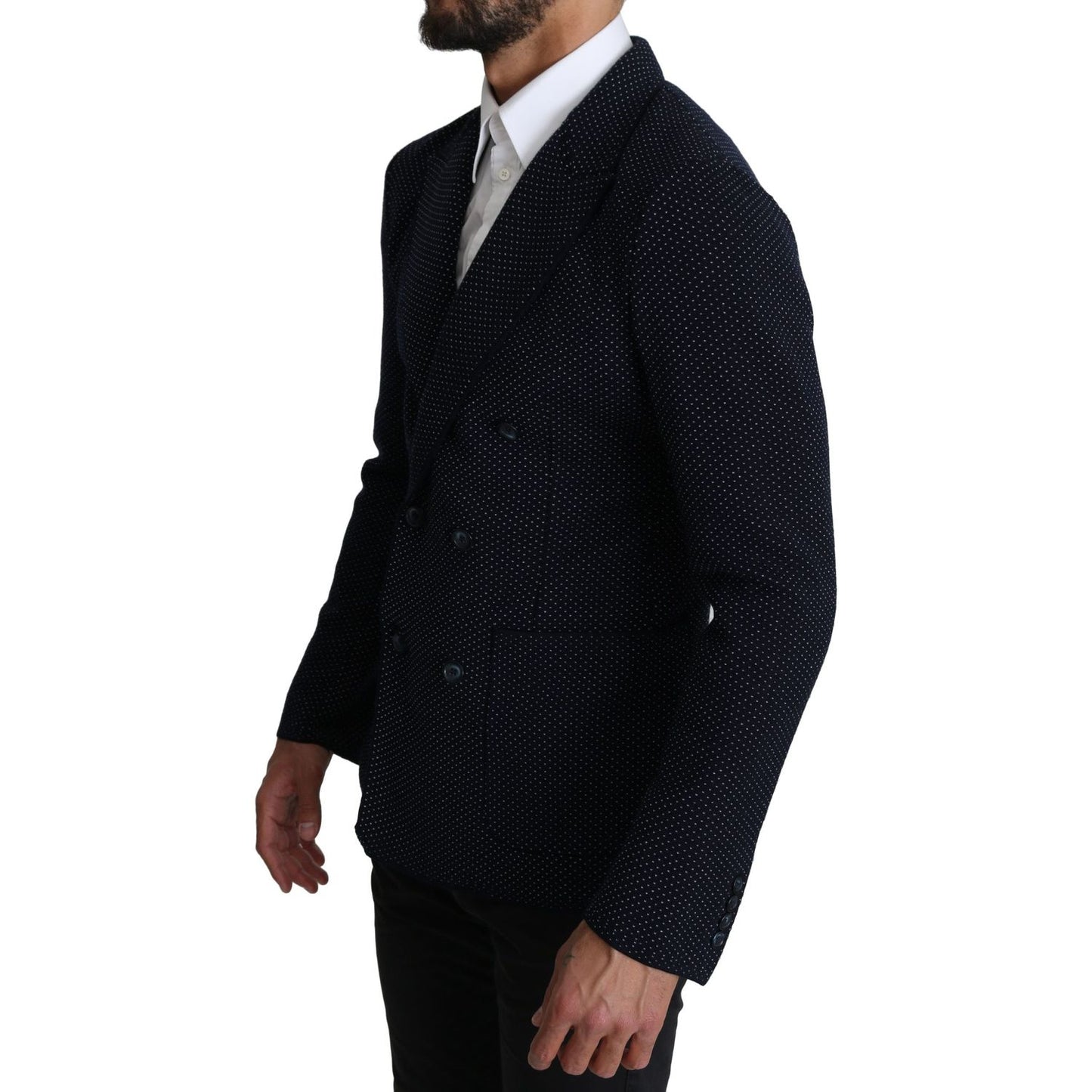 Dolce & Gabbana Dark Blue Dotted Double Breasted Coat Blazer 1728,67345645728,Blazers - Men - Clothing,Blazers - Suits & Blazers - Clothing,Blue,Clothing,Dolce & Gabbana,IT50 | L,Material: 58% Virgin Wool 37% Silk 4% Nylon 1% Elastane,Men,Men - Clothing,N