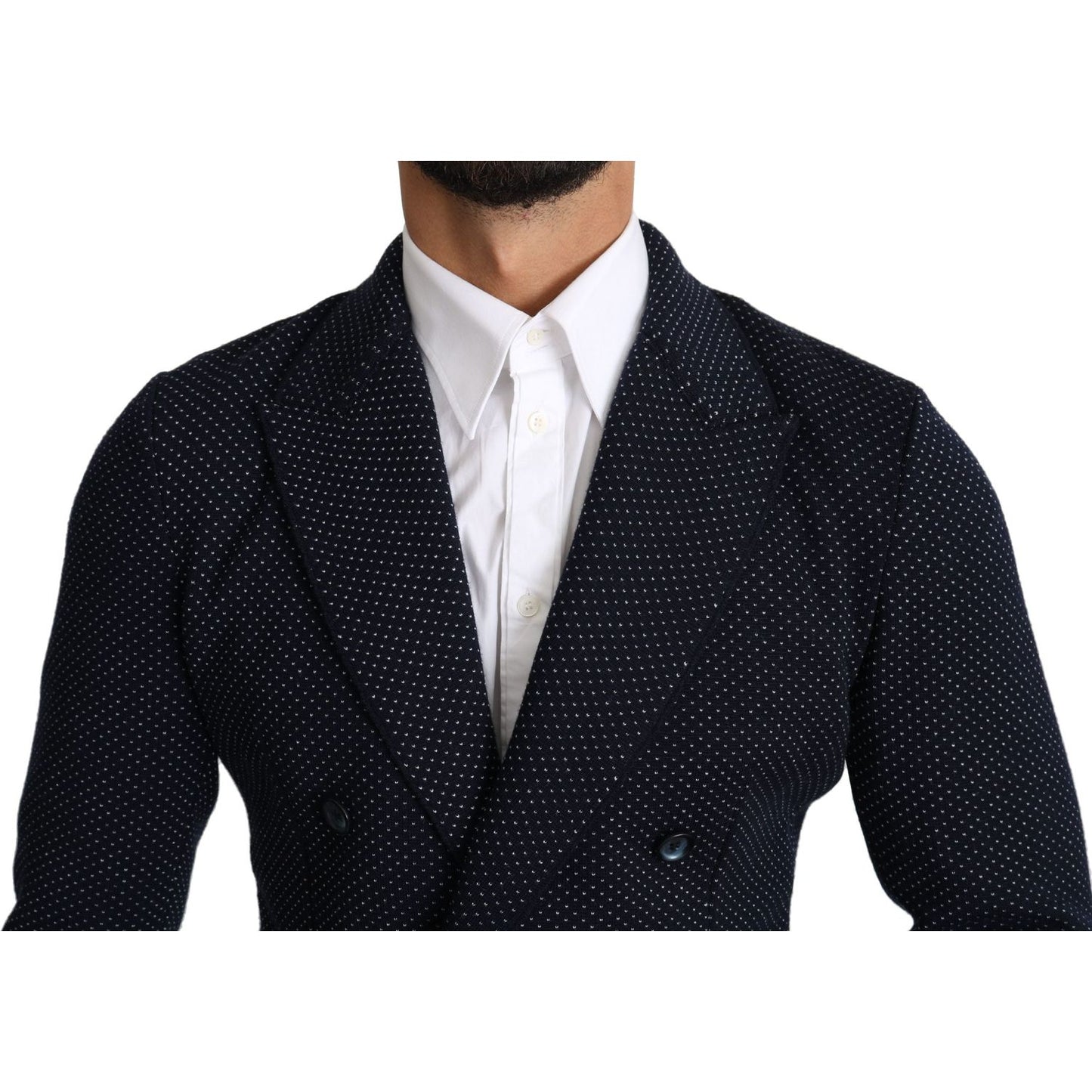 Dolce & Gabbana Dark Blue Dotted Double Breasted Coat Blazer 1728,67345645728,Blazers - Men - Clothing,Blazers - Suits & Blazers - Clothing,Blue,Clothing,Dolce & Gabbana,IT50 | L,Material: 58% Virgin Wool 37% Silk 4% Nylon 1% Elastane,Men,Men - Clothing,N
