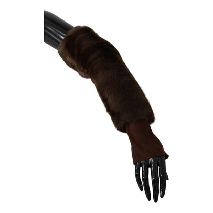 Dolce & Gabbana Brown Elbow Length Finger Less Fur Gloves 1728,67345645728,7.5|S,Accessories,Brown,Dolce & Gabbana,Gloves - Accessories,Gloves - Women - Accessories,Material: Fur and leather,New with tags,Women,Women - Accessories