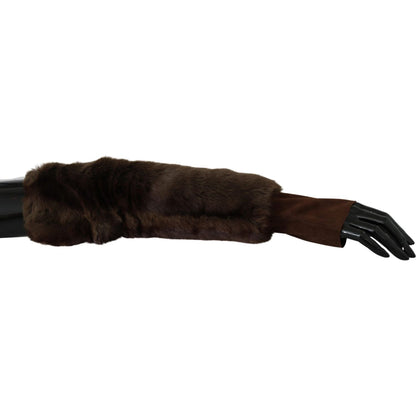 Dolce & Gabbana Brown Elbow Length Finger Less Fur Gloves 1728,67345645728,7.5|S,Accessories,Brown,Dolce & Gabbana,Gloves - Accessories,Gloves - Women - Accessories,Material: Fur and leather,New with tags,Women,Women - Accessories