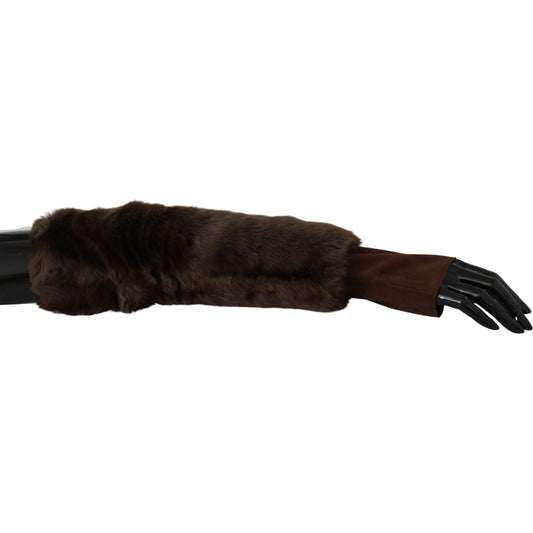 Dolce & Gabbana Brown Elbow Length Finger Less Fur Gloves 1728,67345645728,7.5|S,Accessories,Brown,Dolce & Gabbana,Gloves - Accessories,Gloves - Women - Accessories,Material: Fur and leather,New with tags,Women,Women - Accessories