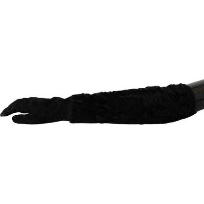 Dolce & Gabbana Black Elbow Length Mitten Suede Fur Gloves 1728,67345645728,7.5|S,Accessories,Black,Dolce & Gabbana,Fur,Gloves - Accessories,Gloves - Women - Accessories,Material: Suede,New with tags,Women,Women - Accessories
