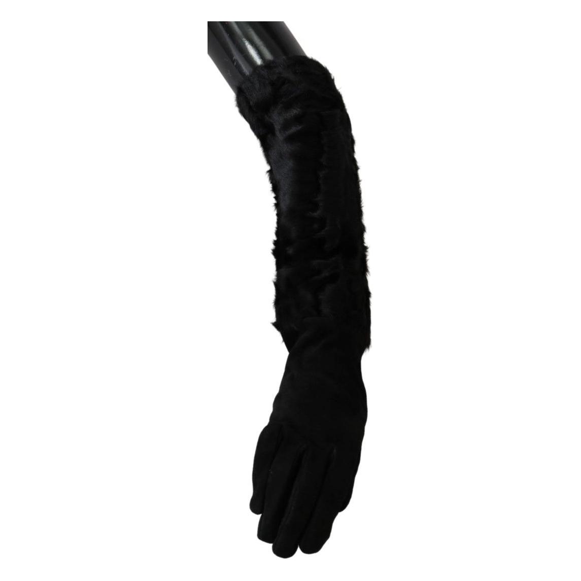 Dolce & Gabbana Black Elbow Length Mitten Suede Fur Gloves 1728,67345645728,7.5|S,Accessories,Black,Dolce & Gabbana,Fur,Gloves - Accessories,Gloves - Women - Accessories,Material: Suede,New with tags,Women,Women - Accessories