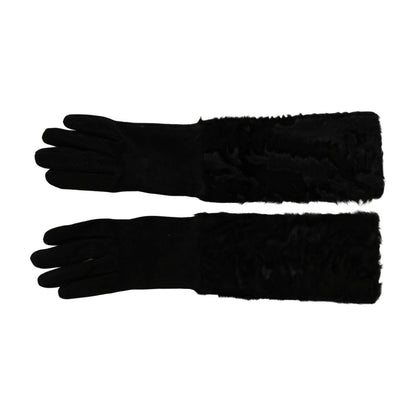 Dolce & Gabbana Black Elbow Length Mitten Suede Fur Gloves 1728,67345645728,7.5|S,Accessories,Black,Dolce & Gabbana,Fur,Gloves - Accessories,Gloves - Women - Accessories,Material: Suede,New with tags,Women,Women - Accessories