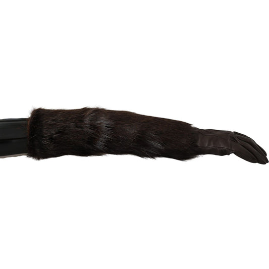 Dolce & Gabbana Brown Elbow Length Mittens Leather Fur Gloves 1728,67345645728,7.5|S,Accessories,Brown,Dolce & Gabbana,Fur,Gloves - Accessories,Gloves - Women - Accessories,Material: Leather,New with tags,Women,Women - Accessories
