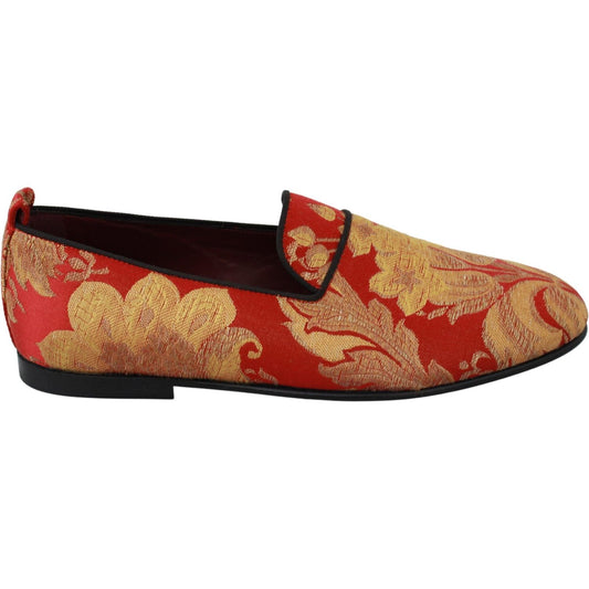 Dolce & Gabbana Red Gold Brocade Slippers Loafers Shoes 1728,19% linen,2% Metal Fiber,25% Acetate,25% Rayon,67345645728,Dolce & Gabbana,EU39/US6,EU43/US10,Loafers - Men - Shoes,Loafers - Shoes,Material: 17% Silk,Men,Men - Shoes,New with tags,Rose Gold,Sho