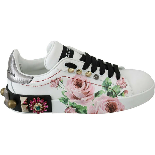 Dolce & Gabbana White Leather Crystal Roses Floral Sneakers Shoes LA6691-35