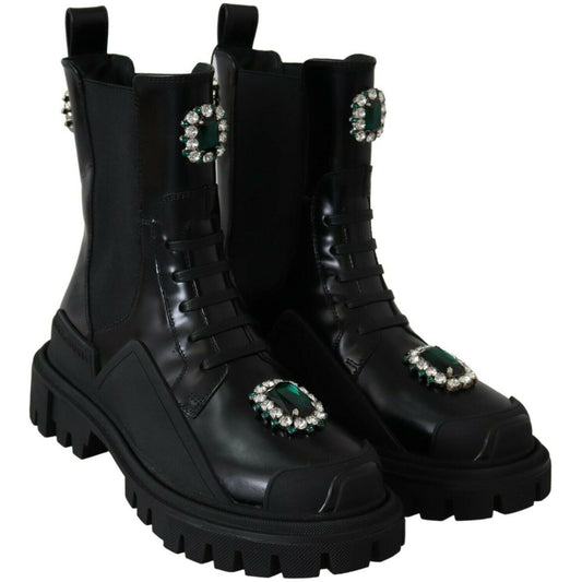 Dolce & Gabbana Elegant Black Leather Combat Boots with Crystal Detail Dolce & Gabbana Black