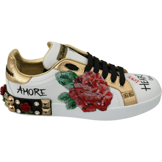 Dolce & Gabbana White Roses Sequined Crystal Womens Sneakers Shoes