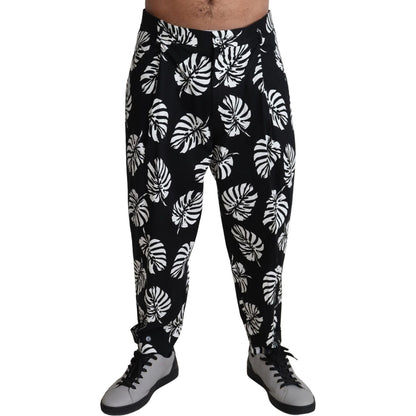 Dolce & Gabbana Black Leaf Cotton Stretch Trouser Pants Pants
