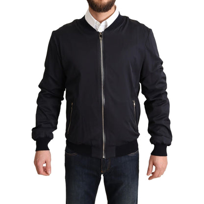 Dolce & Gabbana Blue Silk Coat Short Bomber Men Jacket