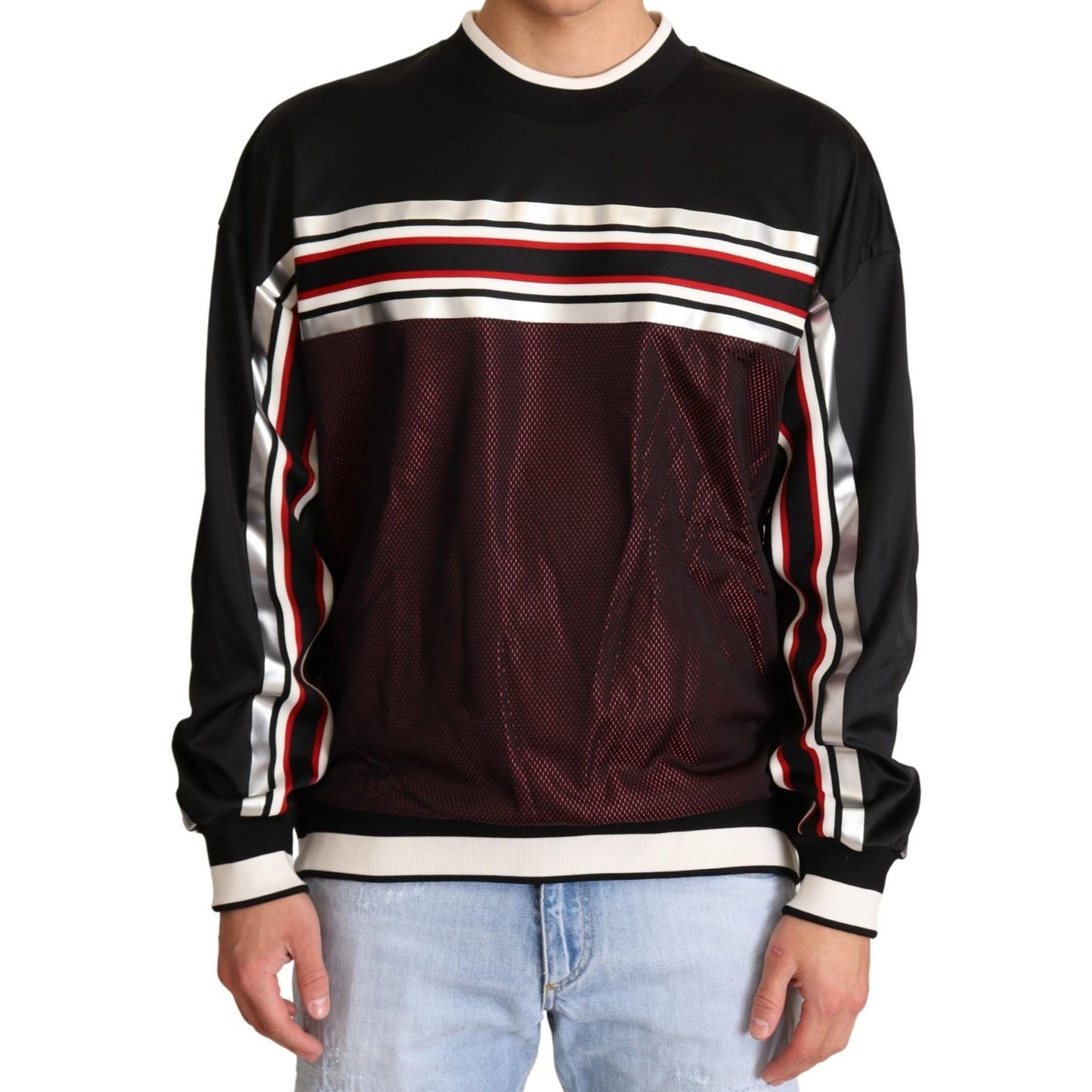 Dolce & Gabbana Black Red Mesh Sport Pullover Crewneck Sweater