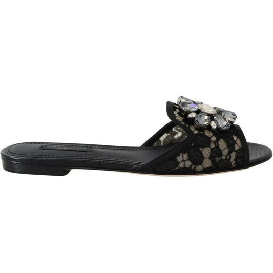 Dolce & Gabbana Elegant Black Lace Mules with Jewel Flower Detail Dolce & Gabbana Dark Slate Gray