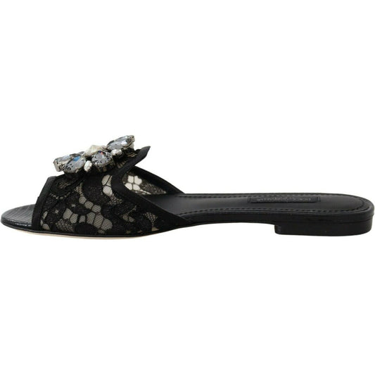 Dolce & Gabbana Elegant Black Lace Mules with Jewel Flower Detail Dolce & Gabbana Black