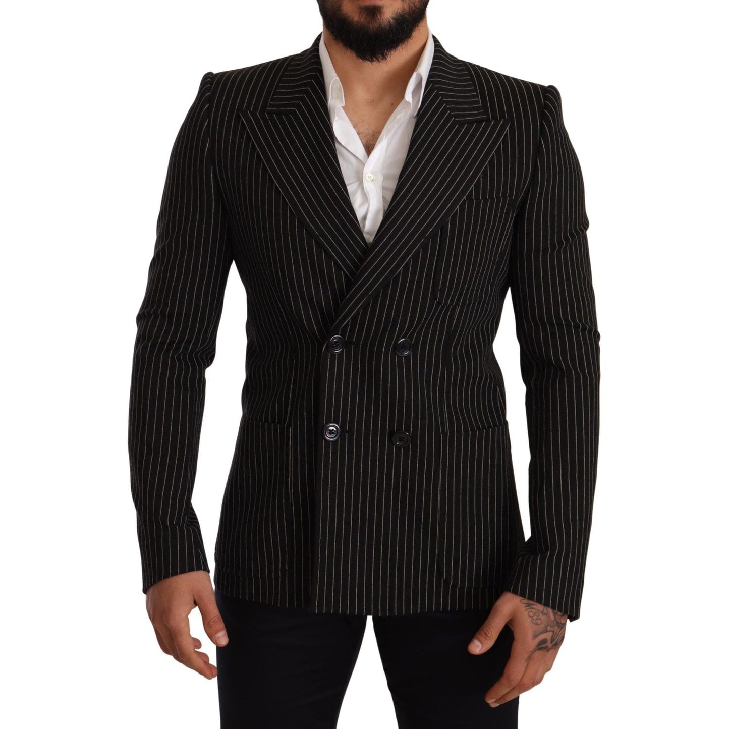 Dolce & Gabbana Dark Gray White Striped Slim Fit Coat Blazer